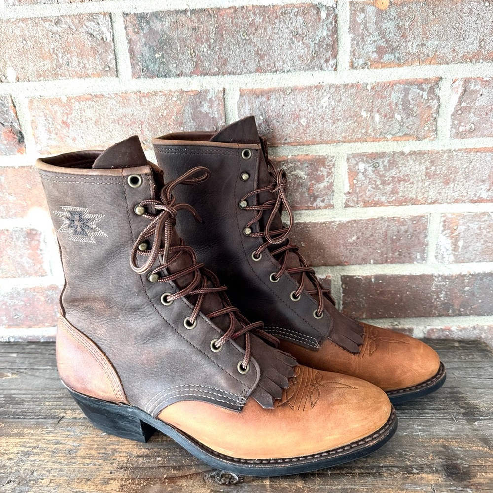 Vintage Abilene Western Packer Kiltie Tooer Two Tone Leather Boots Size 8D - Picture 1 of 11